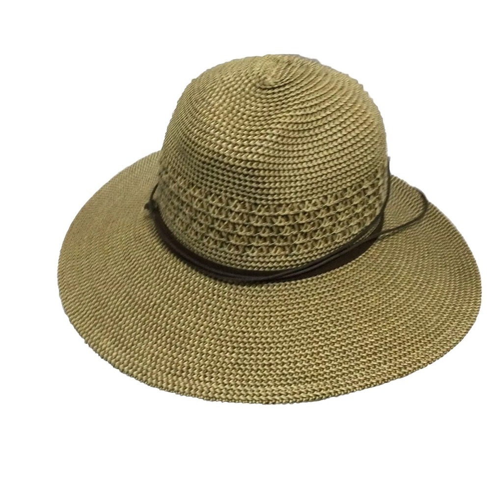 Unisex‎ Brown Wide Brim Straw Sun Hat Summer Beach Travel Packable Fedora OS